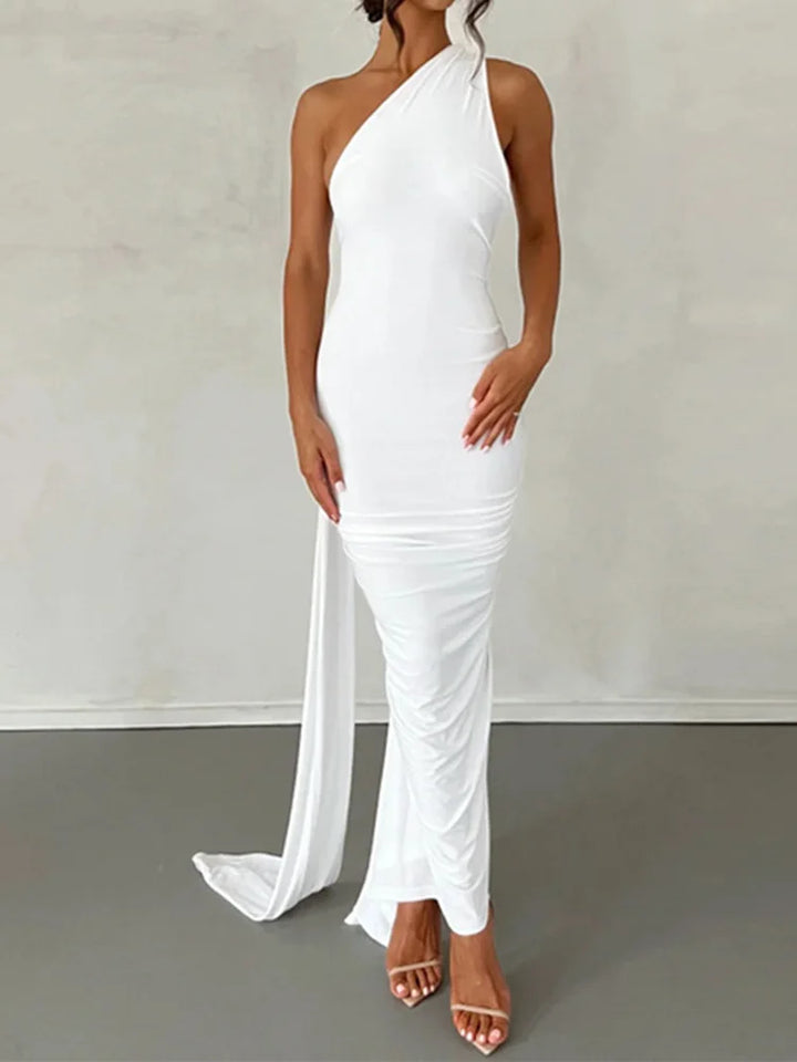 Neon Y2K One Shoulder Backless Ruched Maxi Dress