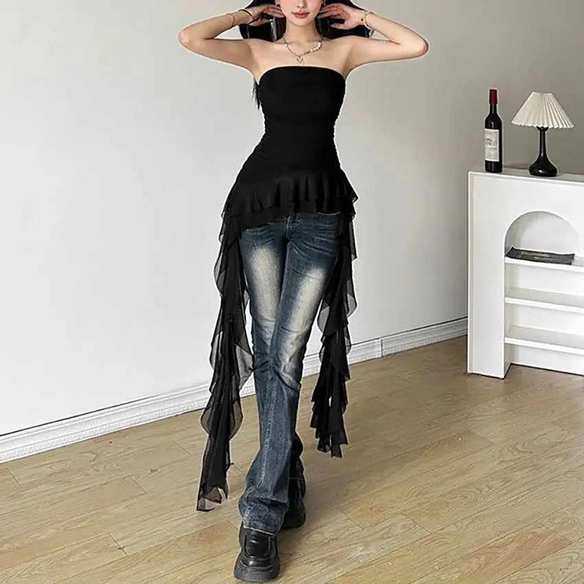 Sexy Off Shoulder New Tank Tops Fashion Women Spring Summer Sleeveless High Street Chest Warp Crop Top Casual Tassel Y2K Tees