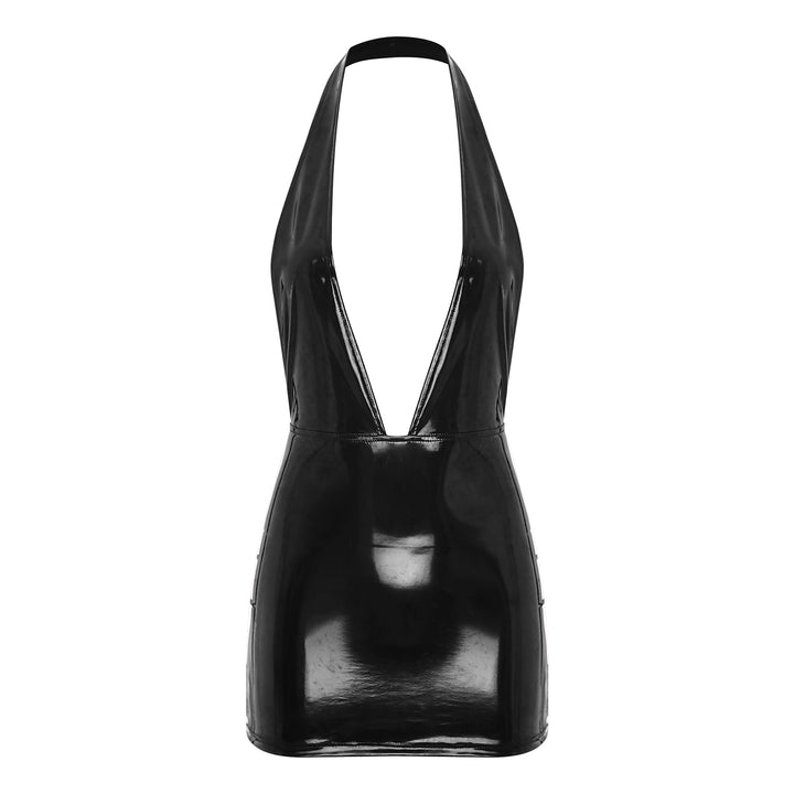 Trendy Msimis Patent Leather Backless Mini Dress