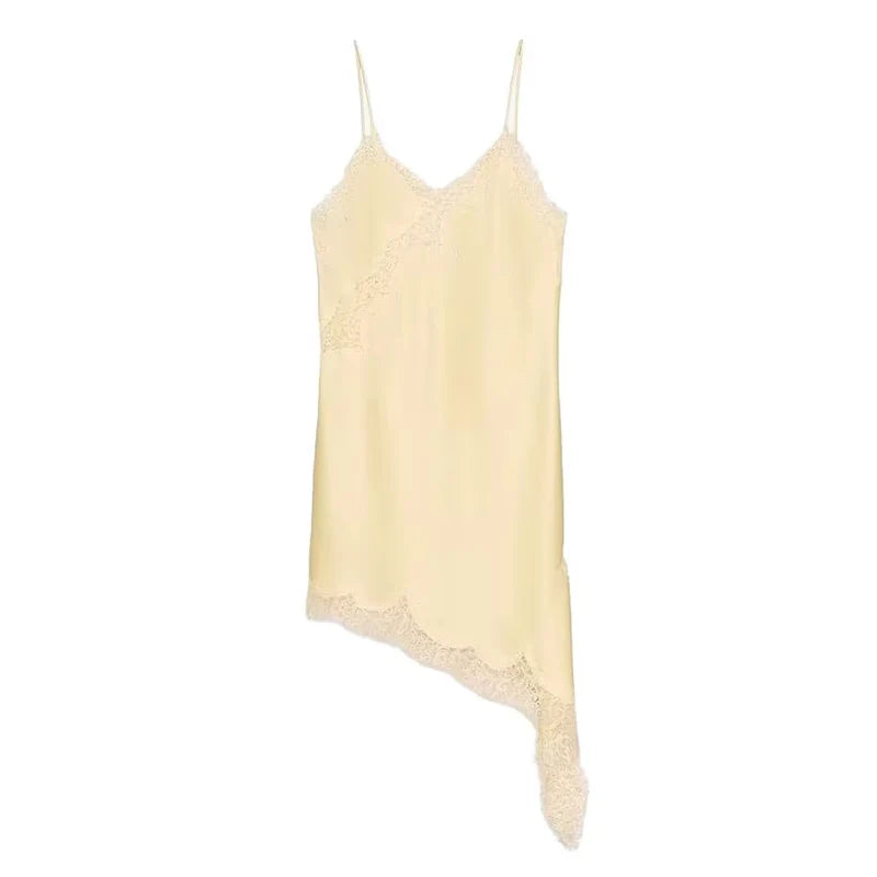 Satin Sexy Lace Spliced Short Sling Dress Women Sleeveless Backless Asymmetric Sexy Party Dresses 2026 Summer Lady Dress ﻿