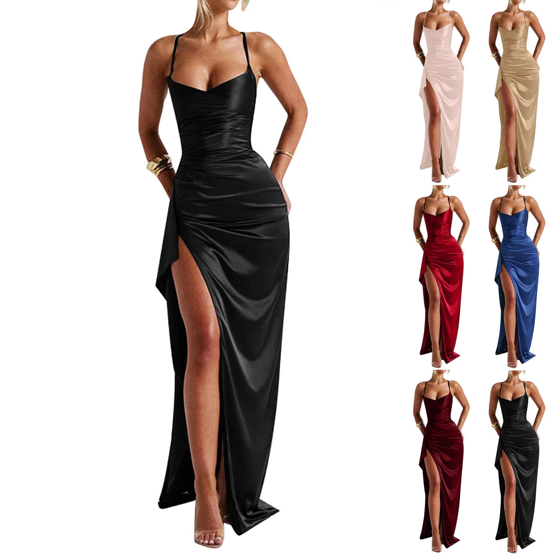 Elegant Satin Backless Dress With High Split