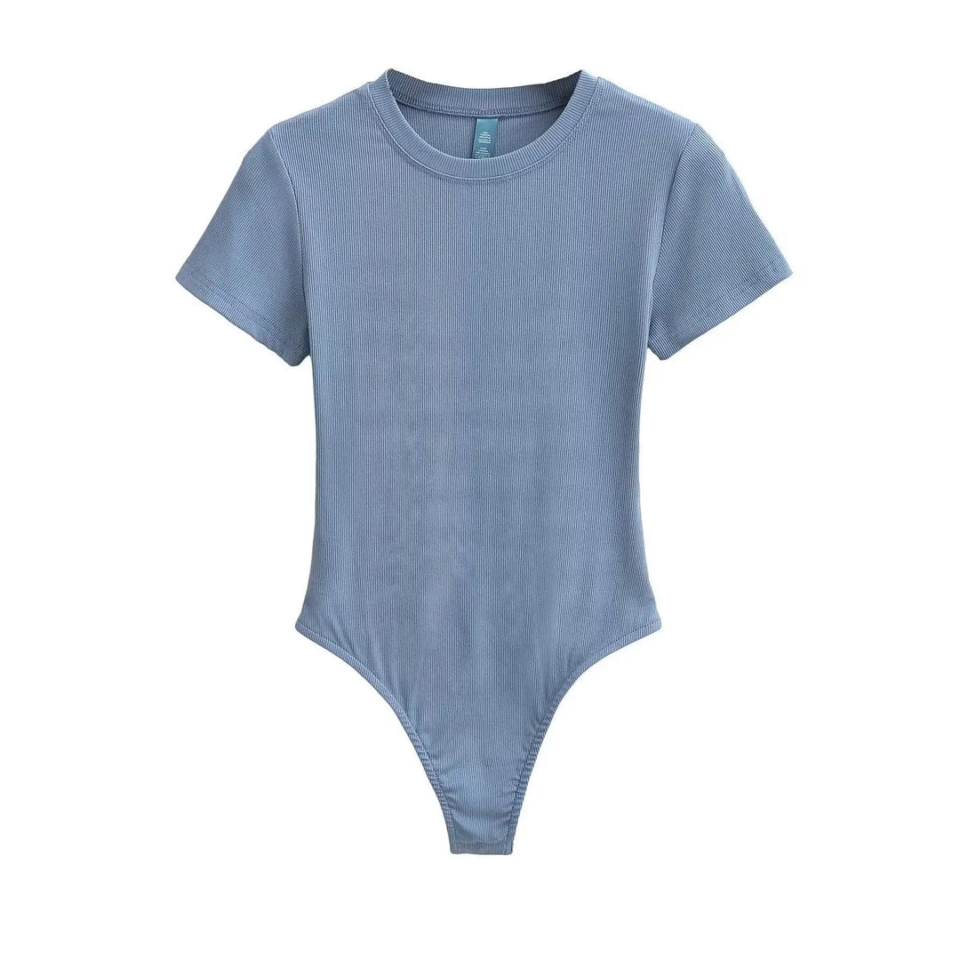 Women Summer Short Sleeve O-neck Slim Fit Knit Bodysuit