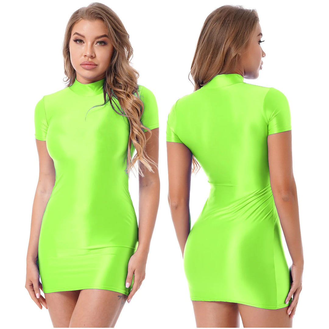 Oil Glossy Bodycon Mini Dress Women Sexy Clubwear