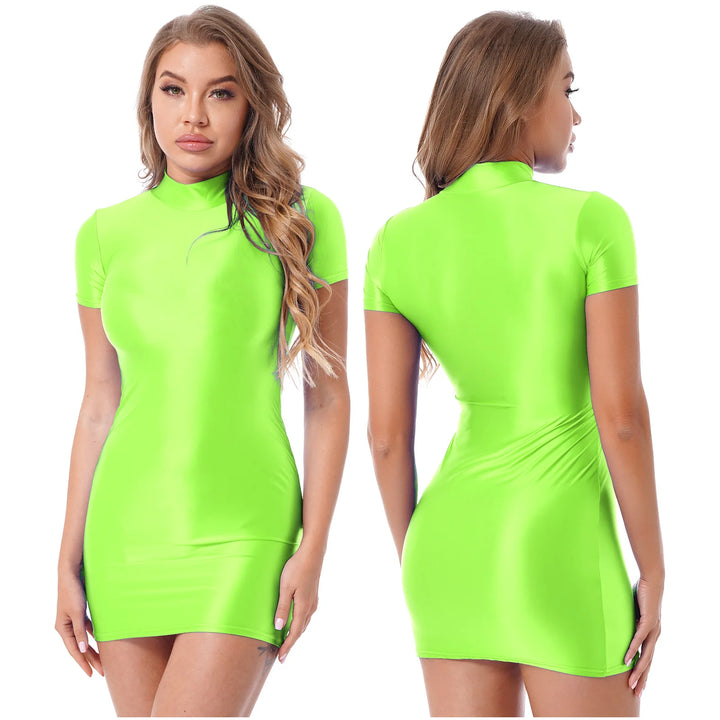 Oil Glossy Bodycon Mini Dress Women Sexy Clubwear
