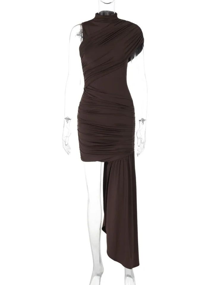 Elegant Ruched Turtleneck Pleated Mini Party Dress