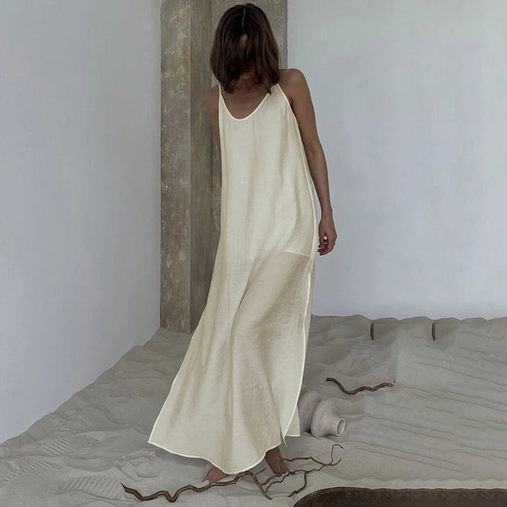 HiLoc Casual Loose White Long Dress Robe 2025 New Summer V Neck Dresses For Women Spring Sleeveless Straight Robes Nightgown