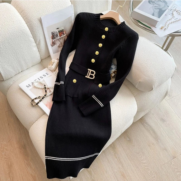 YuooMuoo Women Knitted Belted Dress Bodycon Office