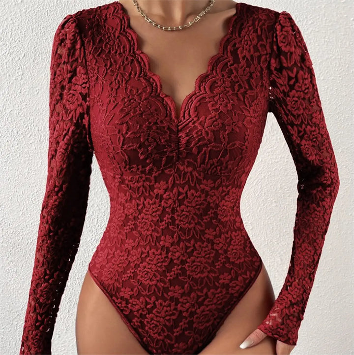 Sexy White Lace Bodysuit Sheer Corset Long Sleeve Slim Fit