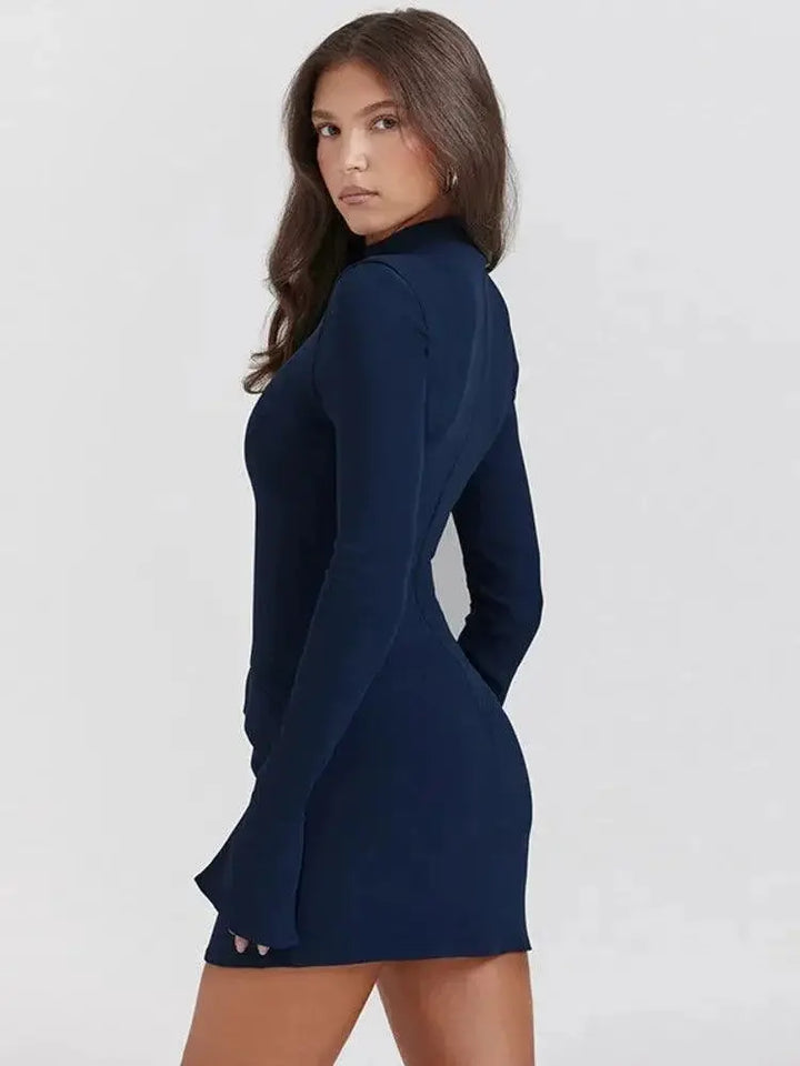 Dark Blue Bodycon Mini Dress Elegant Autumn Winter Style