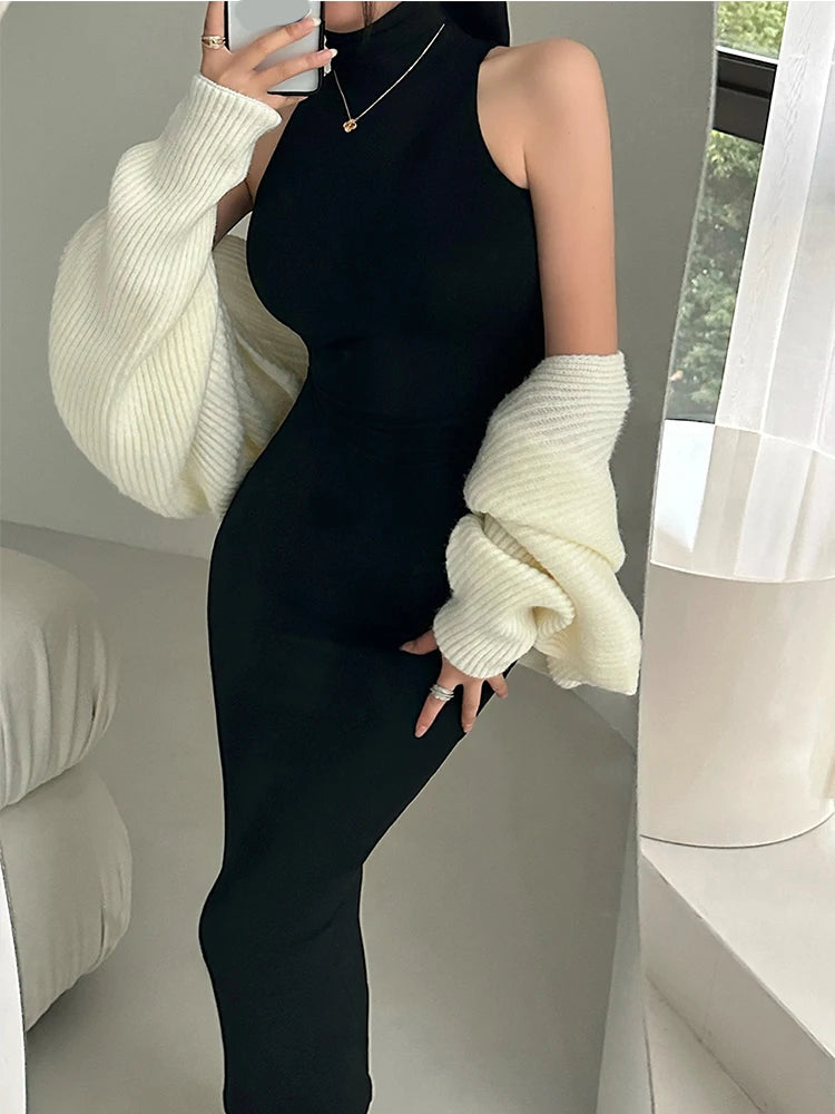 Red Turtleneck Midi Bodycon Dress For Women Party
