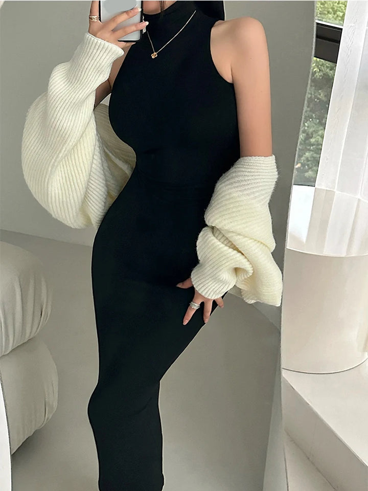 Red Turtleneck Midi Bodycon Dress For Women Party