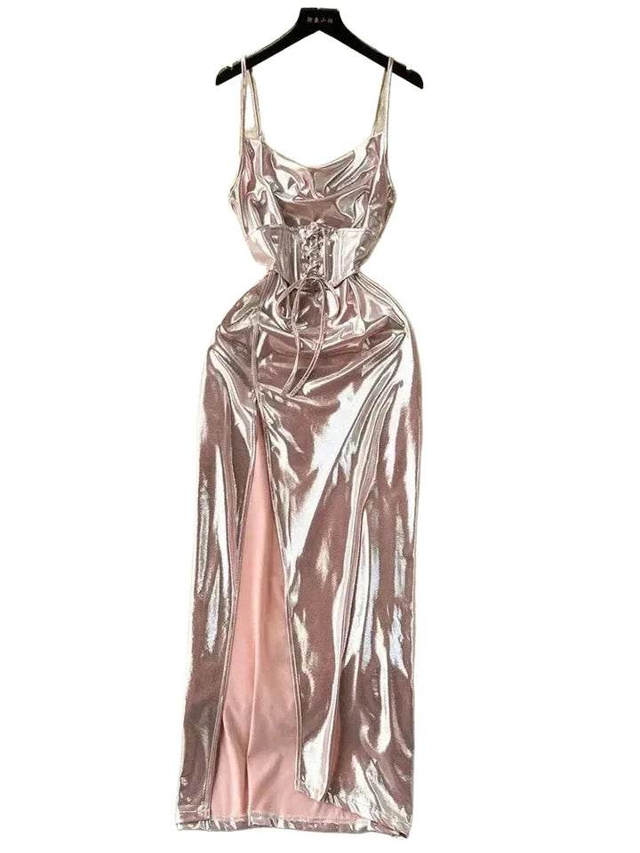 SINGREINY Spaghetti Strap Split Long Dress 2025 Ladies Fake Leather Lace Up Bodycon Sundress Y2K Hotsweet Shiny Slim Party Dress