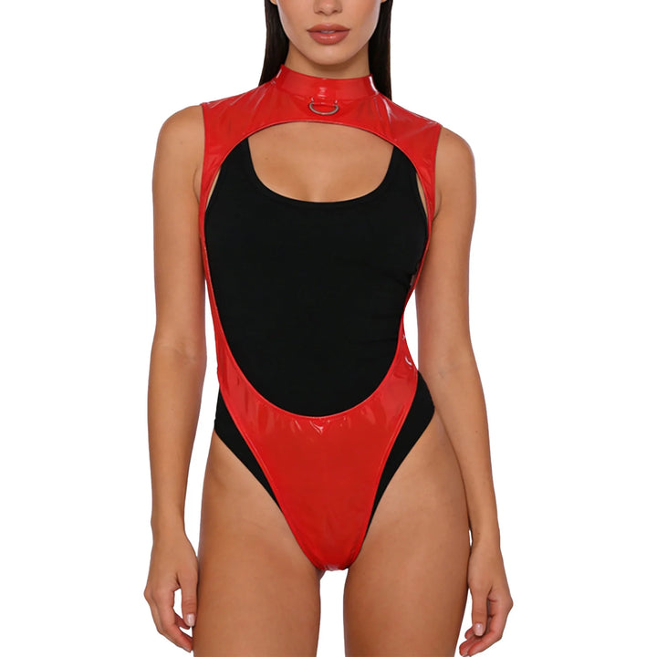 Glossy Pu Leather Bodysuit With D Ring