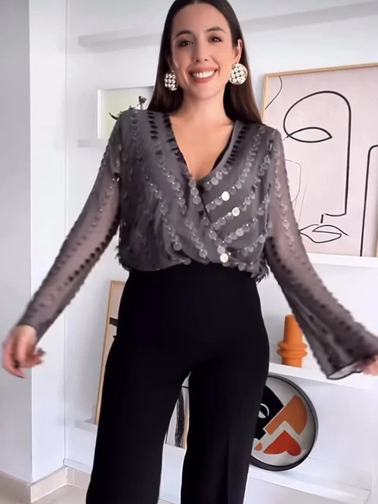 V Neck Layered Sequin Jumpsuit Women Partywear