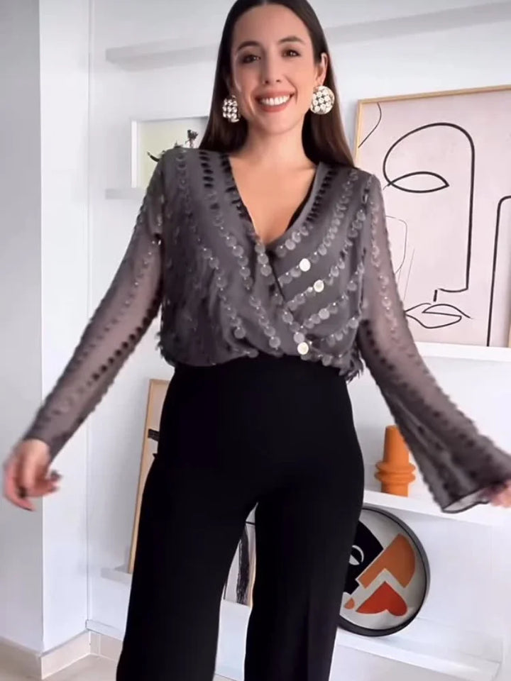 V Neck Layered Sequin Jumpsuit Women Partywear