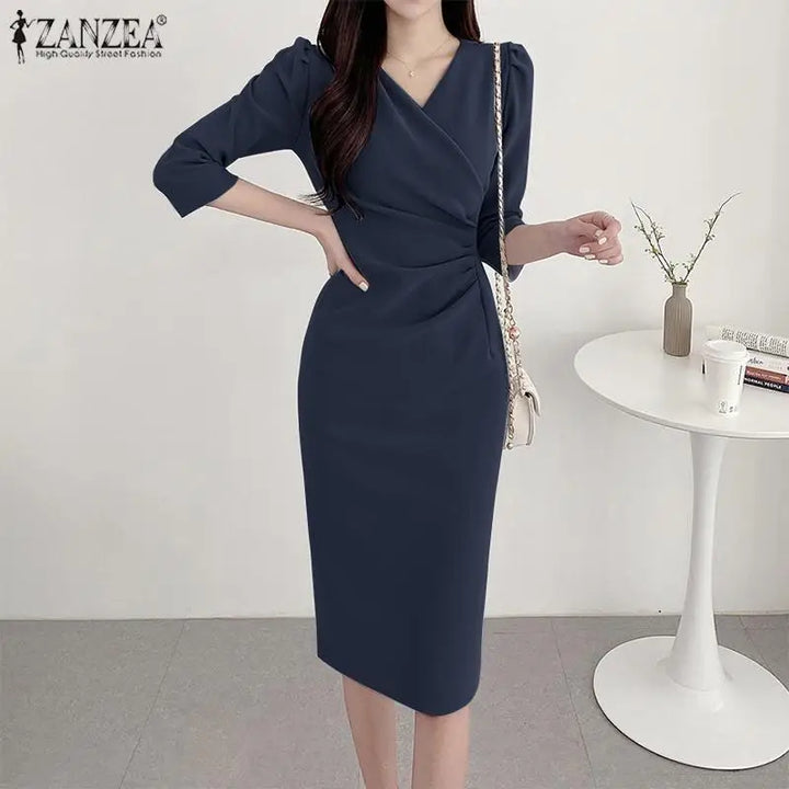 Elegant V Neck Bodycon Dress Fine Weave Workwear