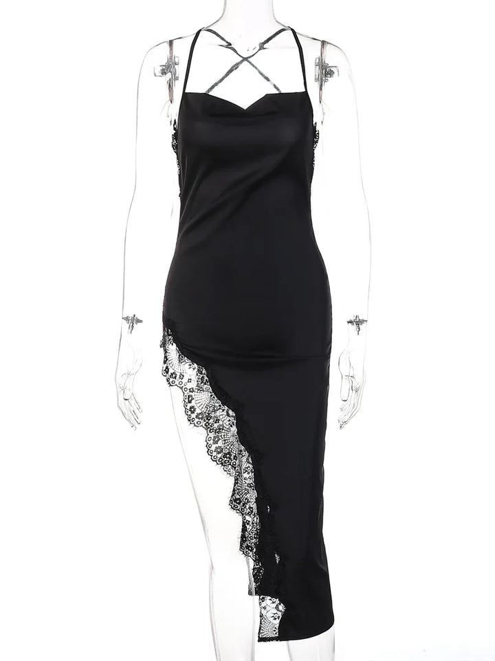 Exclusive Black Satin Midi Sheath Dress For Summer