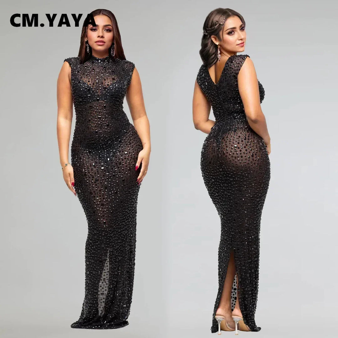 Diamonds Rhinestones O Neck Sleeveless Maxi Dress