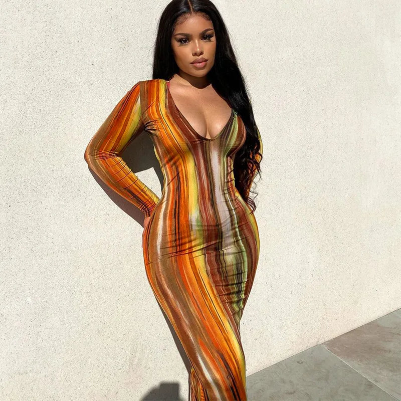 V Neck Stripe Long Sleeve Dress For Women