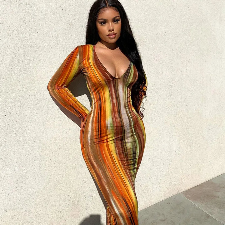 V Neck Stripe Long Sleeve Dress For Women