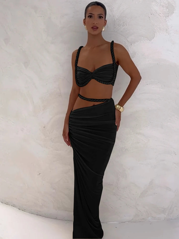 Cutenew Woven Matching Women 2 Piece Sexy Vacation Outfits Pleated Crop Camis+Shirring High Waist Maxi Skirts Solid Mujer Sets