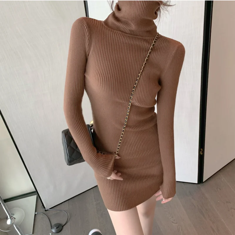 Women Autumn Turtleneck Bodycon Knit Mini Dress