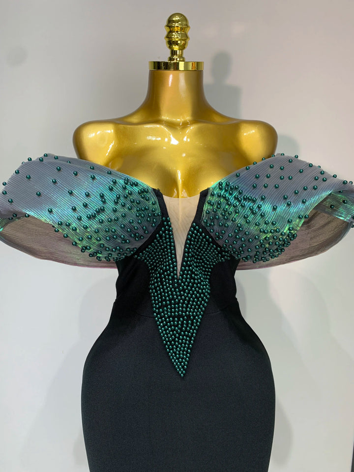 Women Celebrity Sexy Off Shoulder Beading Bodycon Maxi Long Bandage Dress 2025 Elegant Evening Club Party Luxury Birthday Outfit