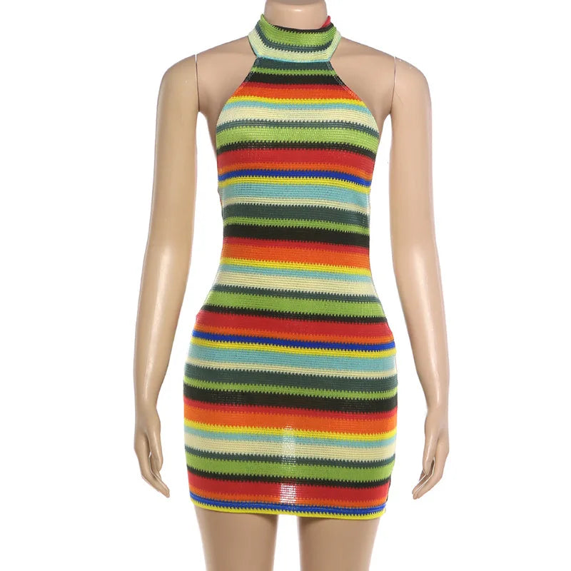 Luxurious Knit Stretch Stripe Halter Dress