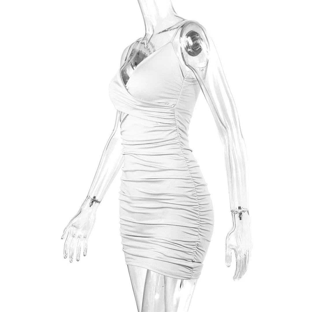 Signature V Neck Pleated Bodycon Mini Dress