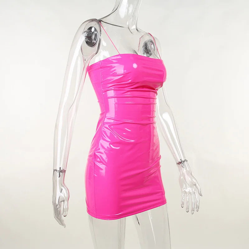 2026 New Arrival Sexy Pink Pu Leather Dress Women Spring Summer Strapless Spaghetti Strap Fashion Club Wear Bodycon Mini Dresses