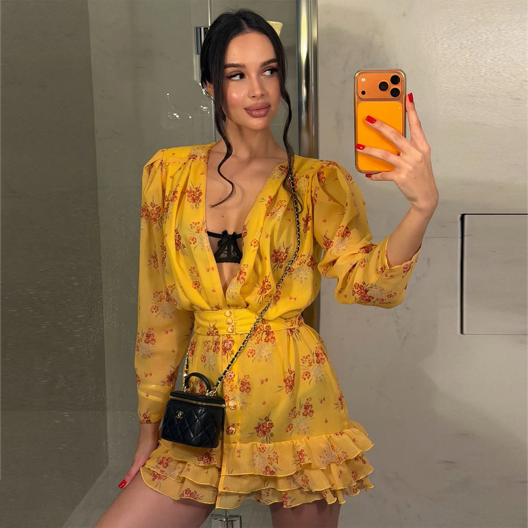 Flattering Printed V Neck Mini Dress Waist Cinch