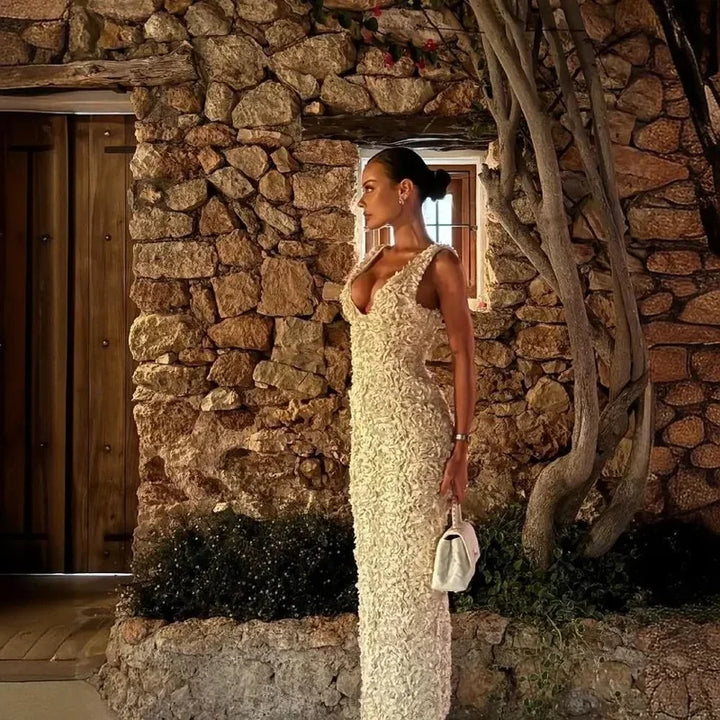 Luxury V Neck Flower Applique Bodycon Maxi Dress