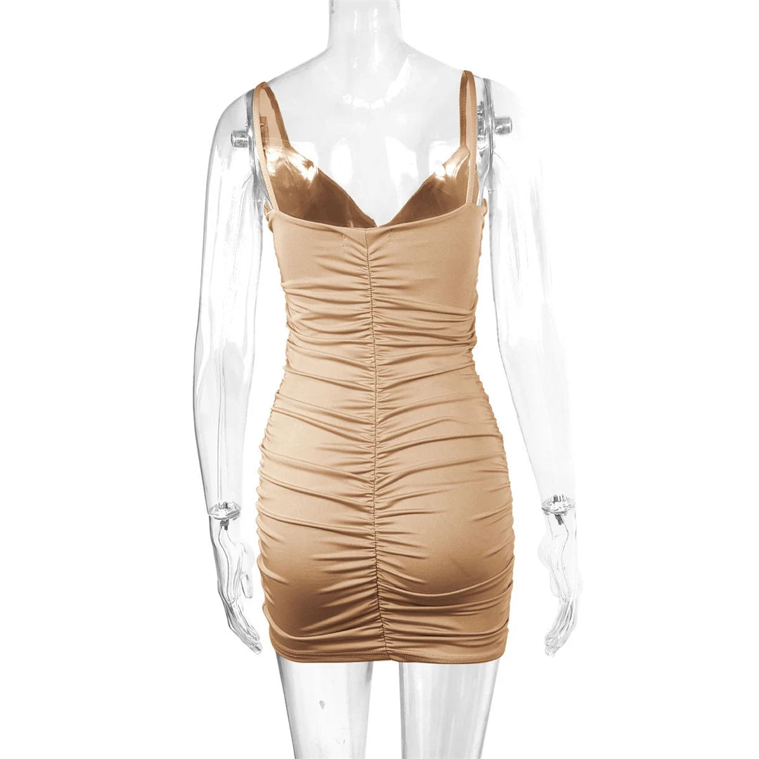 Signature V Neck Pleated Bodycon Mini Dress