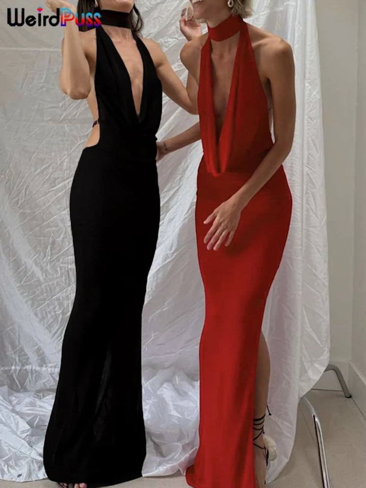 Weird Puss Hollow Halter Backless Bodycon Dress