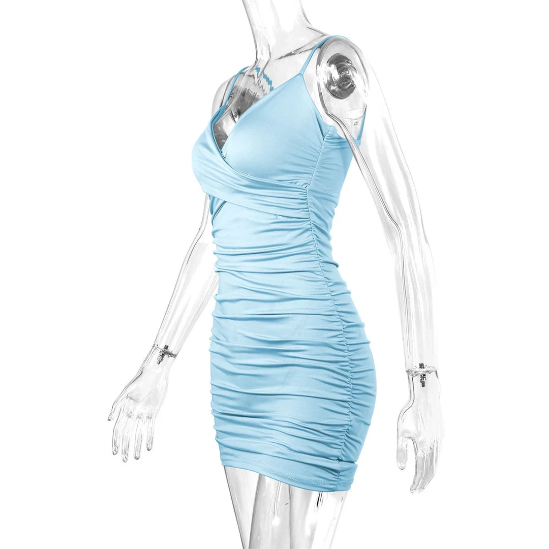 Signature V Neck Pleated Bodycon Mini Dress