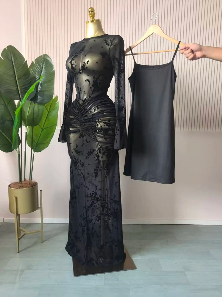 Elegant Long Sleeve Mesh Gown With Sheer Lining
