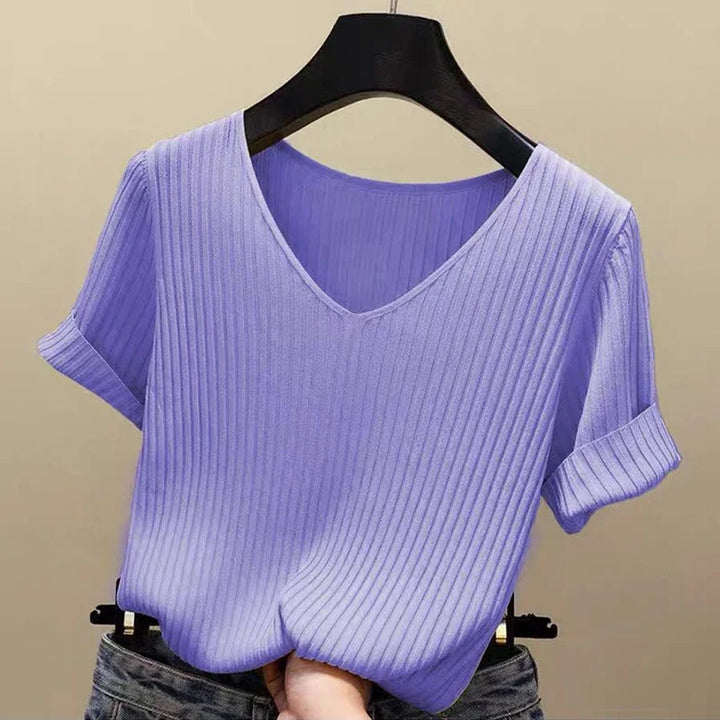 AOSSVIAO 2026 Basic V-neck Solid Thin Summer Women Pullover Female Thin Knitted Ribbed Sweater Slim Short Sleeve Bodycon Sweater