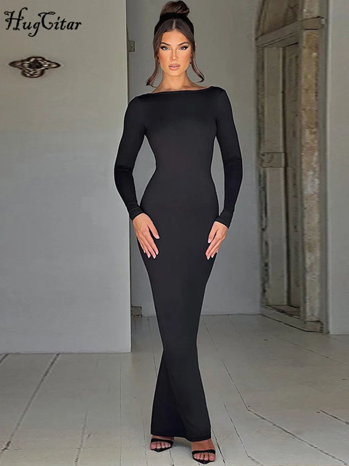 Hugcitar Backless Long Sleeve Bodycon Maxi Dress