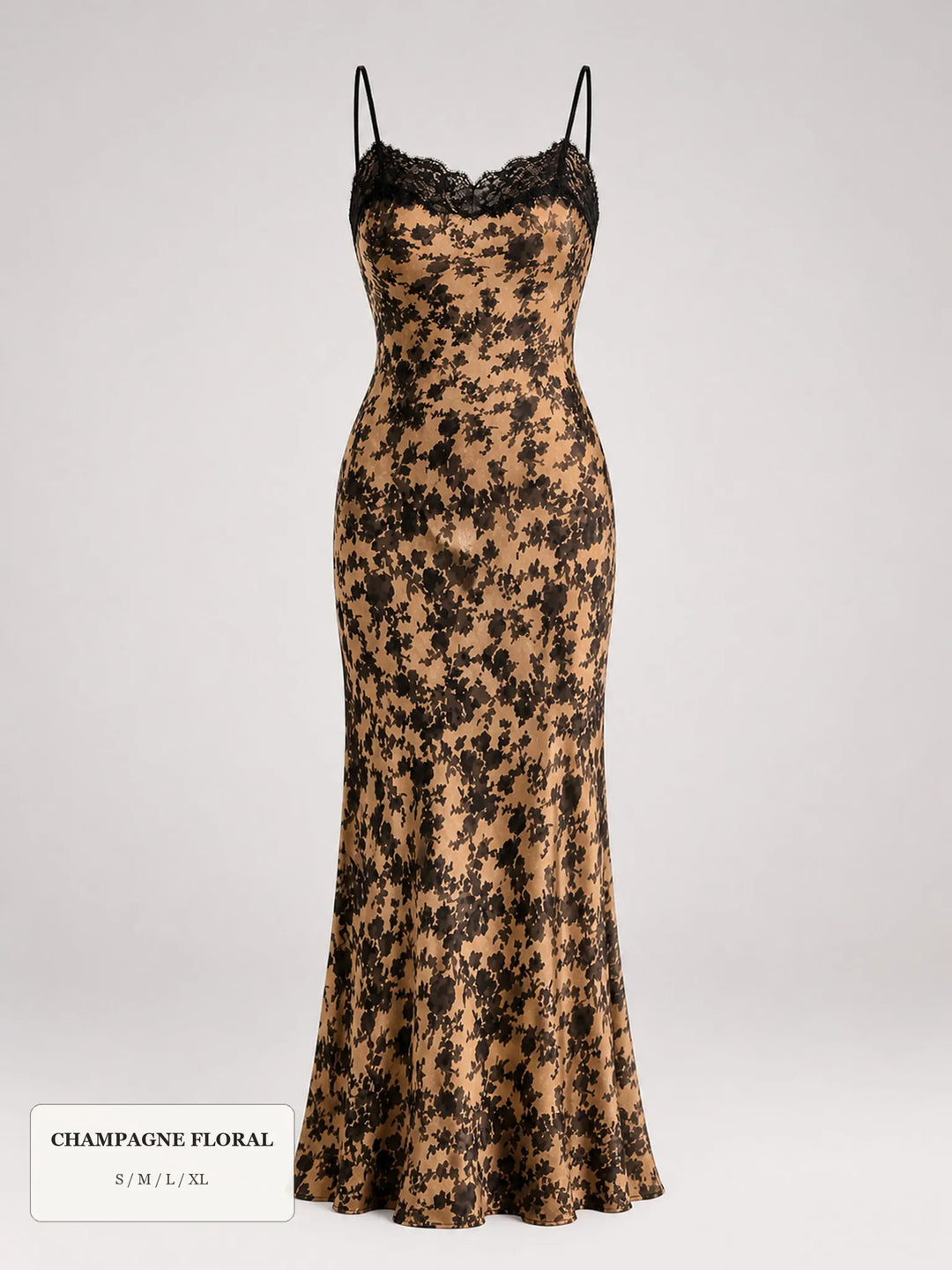 Elegant Floral Satin Maxi Dress Lace Trim Evening Party Guest