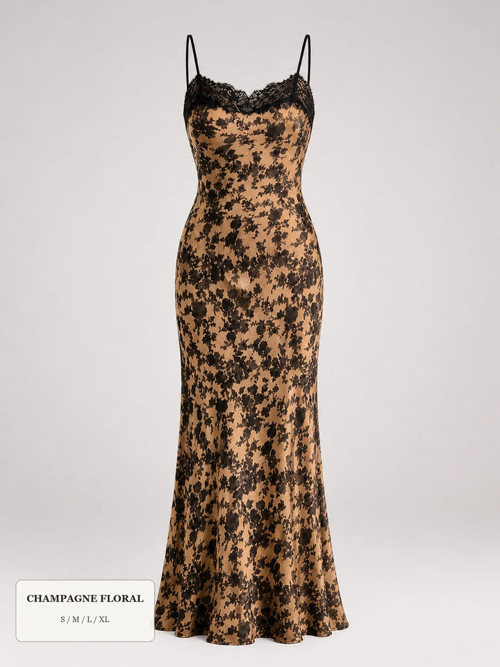 Elegant Floral Satin Maxi Dress Lace Trim Evening Party Guest