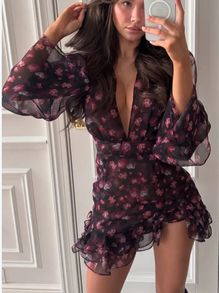 Flattering Printed V Neck Mini Dress Waist Cinch