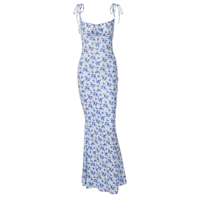 Floral Sleeveless Backless Lace Up Bodycon Maxi