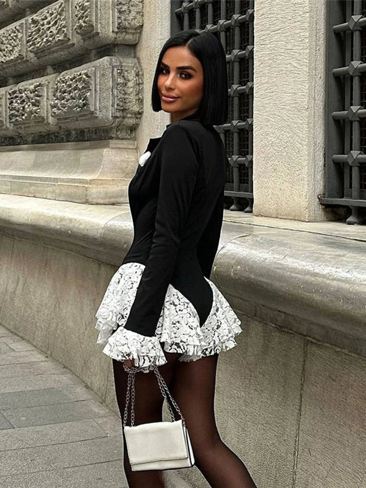 Elegant Stretch Skinny Bodysuit With Ruffle Lapel