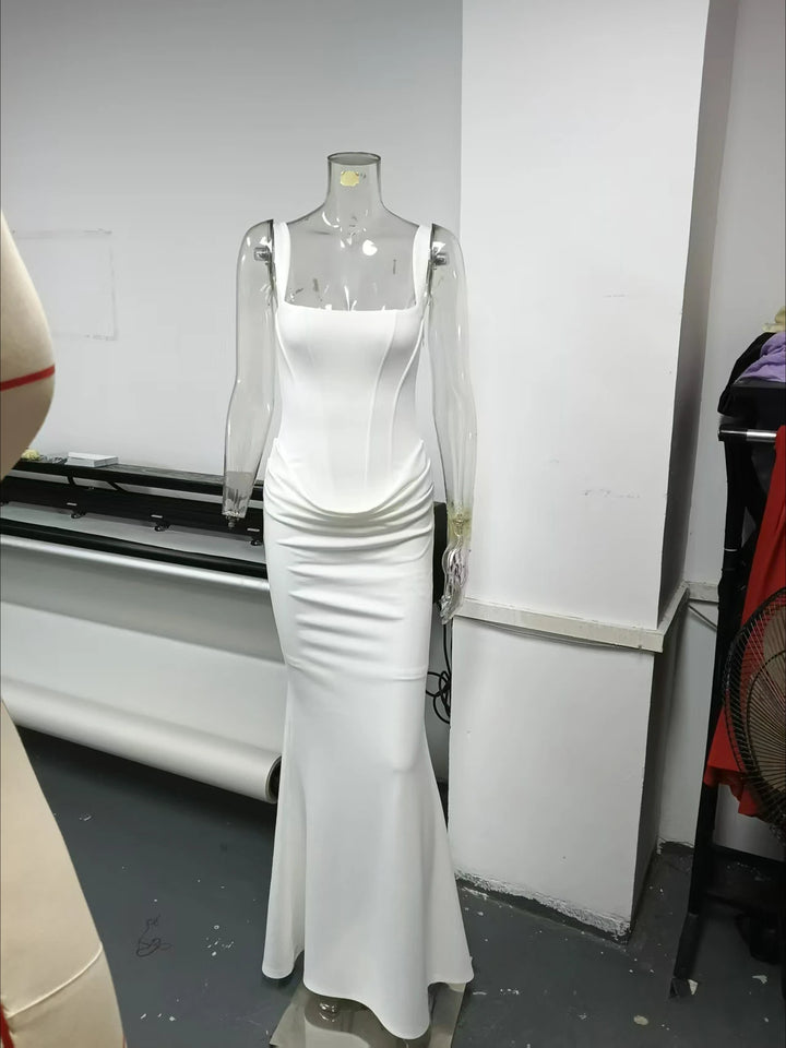 White Maxi Dress For Women Lace Up Formal Wedding Guest Party Slim Elegant