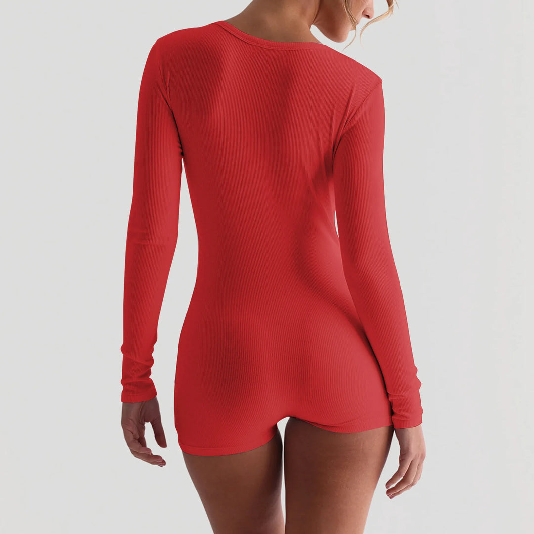 Stylish Ribbed Knit Bodycon Playsuit With Buttons