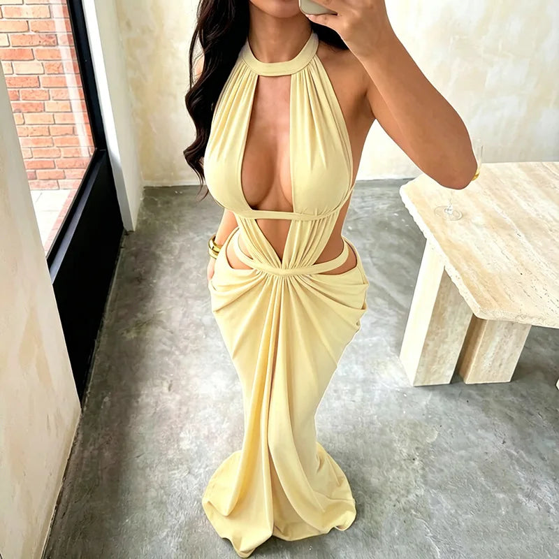 Elegant Khaki Halter Backless Maxi Party Dress