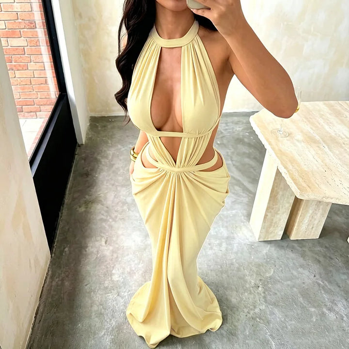 Elegant Khaki Halter Backless Maxi Party Dress