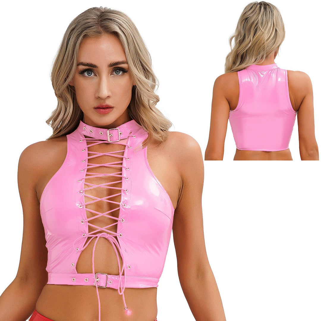 Women Leather Vest Gothic Steampunk Wet Look Hollow Out T-shirt Slim Bodycon Streetwear Sleeveless Crop Top Party Clubwear