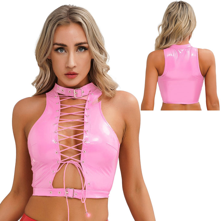Women Leather Vest Gothic Steampunk Wet Look Hollow Out T-shirt Slim Bodycon Streetwear Sleeveless Crop Top Party Clubwear