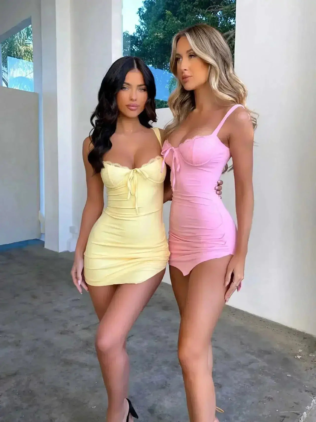 Summer Lace Trim Bandage Ruched Mini Dress For Women